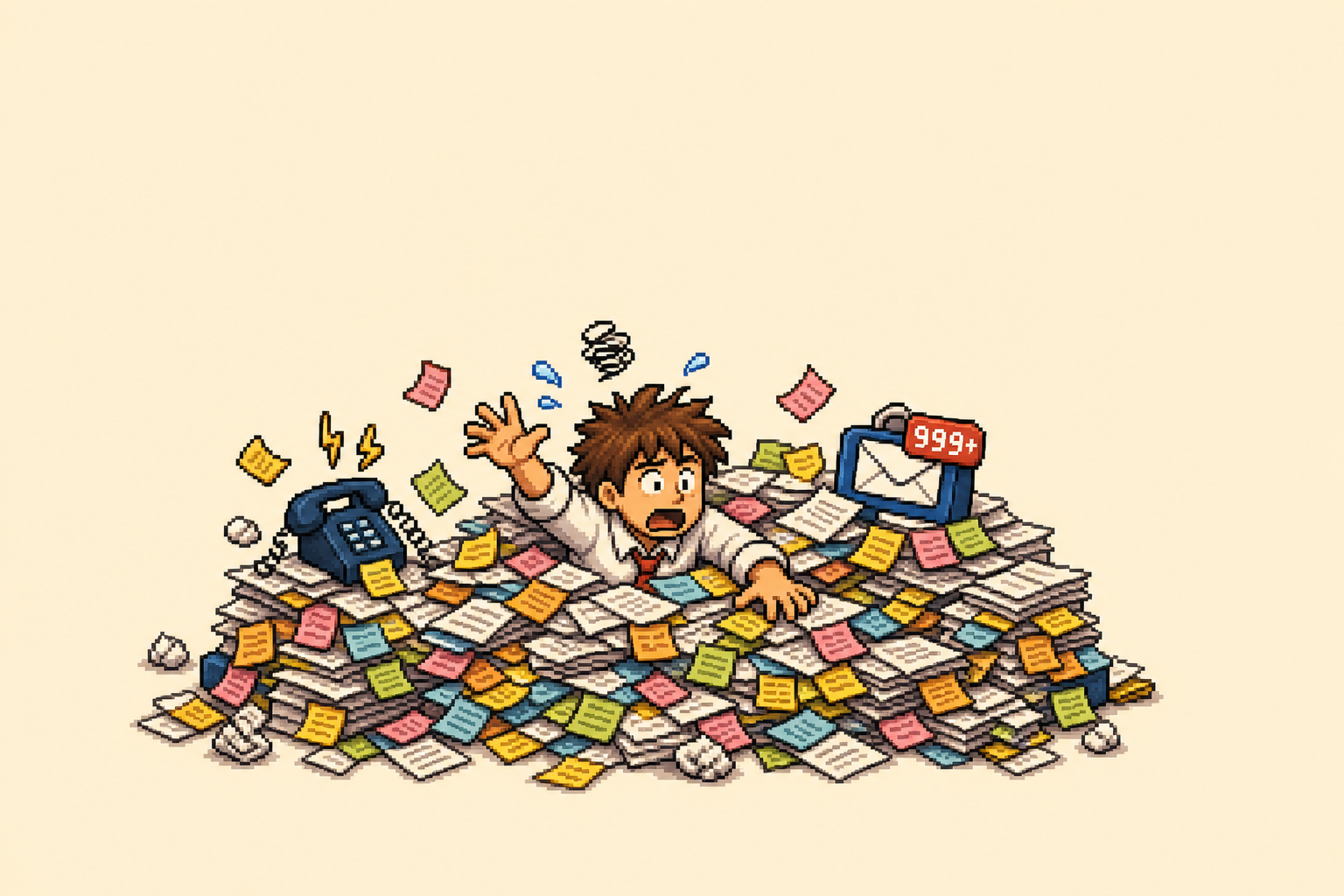 Founder buried under sticky notes