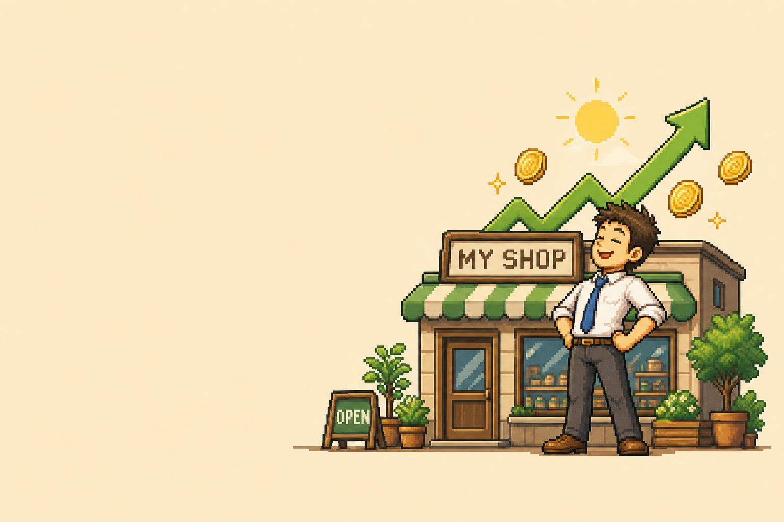 Happy founder in front of thriving shop